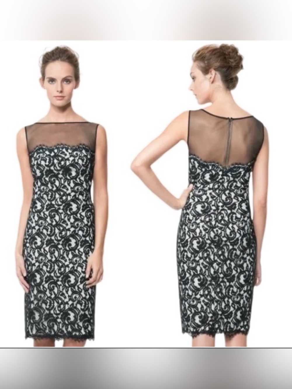 Vintage Tadashi Shoji Formal Mesh Illusion Neckline Sleeveless Blue Lace Dress 4
